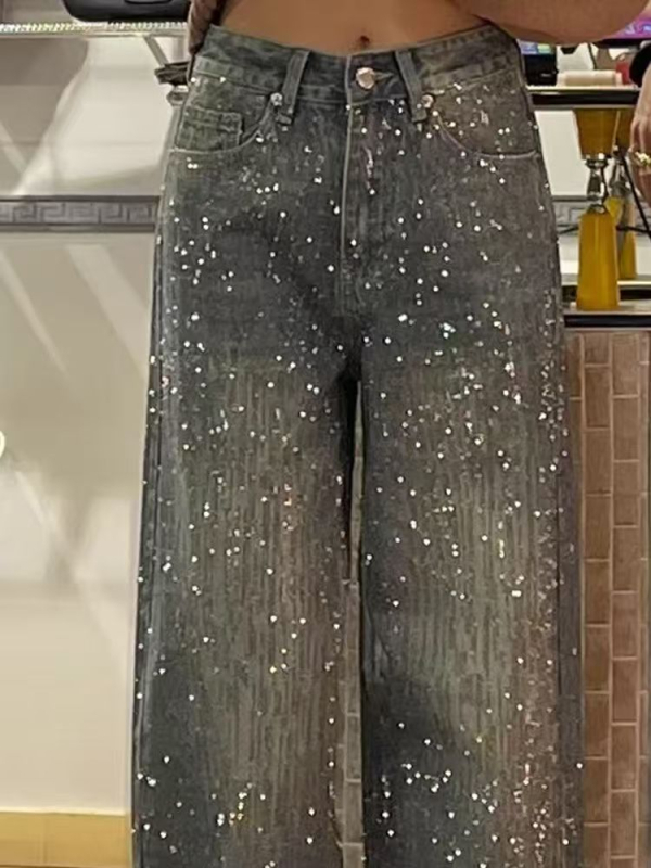Ženske traperice u američkom retro stilu od denima s patchworkom rhinestones u motivu zvjezdadanog neba, visokim strukom, širokim nogavicama, duljine do poda