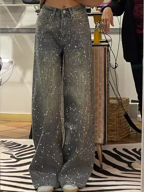Ženske traperice u američkom retro stilu od denima s patchworkom rhinestones u motivu zvjezdadanog neba, visokim strukom, širokim nogavicama, duljine do poda