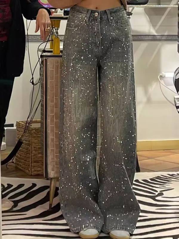 Ženske traperice u američkom retro stilu od denima s patchworkom rhinestones u motivu zvjezdadanog neba, visokim strukom, širokim nogavicama, duljine do poda