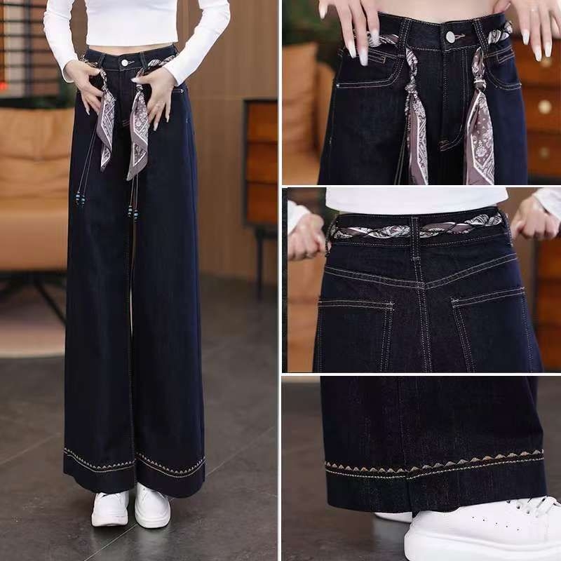 Ženske traperice od denima za zimu, tmavomodré, s fleecem u unutrašnjem dijelu, široke nogavice s blagim izbočenjem, visokim strukom, plus veličina, casual stil