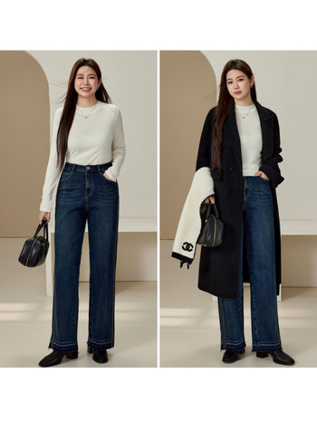 Plačios džinsinės kelnės su kutais ir šlifuota apdaila, aukštas juosmuo, retro tiesus kirpimas