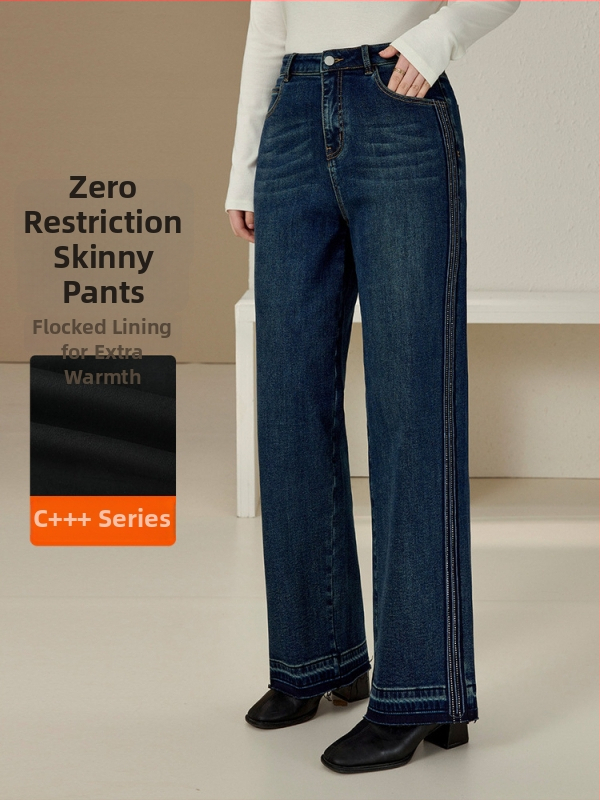 Plačios džinsinės kelnės su kutais ir šlifuota apdaila, aukštas juosmuo, retro tiesus kirpimas