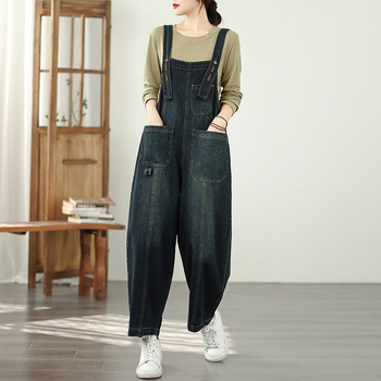 Džinsiniai kombinezonai su didelėmis kišenėmis, laisvas kirpimas, audinys 90–95% medvilnės, ruduo 2025, japonų/korėjiečių poilsio stiliaus
