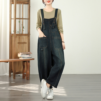 Džinsiniai kombinezonai su didelėmis kišenėmis, laisvas kirpimas, audinys 90–95% medvilnės, ruduo 2025, japonų/korėjiečių poilsio stiliaus