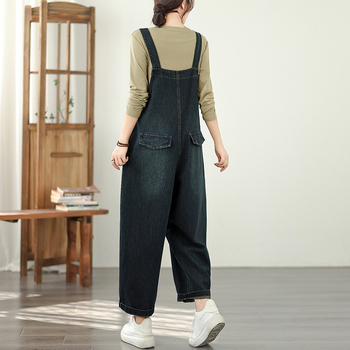 Džinsiniai kombinezonai su didelėmis kišenėmis, laisvas kirpimas, audinys 90–95% medvilnės, ruduo 2025, japonų/korėjiečių poilsio stiliaus