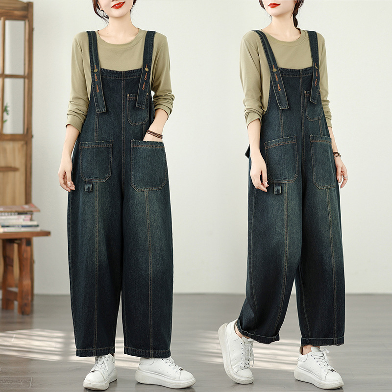Džinsiniai kombinezonai su didelėmis kišenėmis, laisvas kirpimas, audinys 90–95% medvilnės, ruduo 2025, japonų/korėjiečių poilsio stiliaus