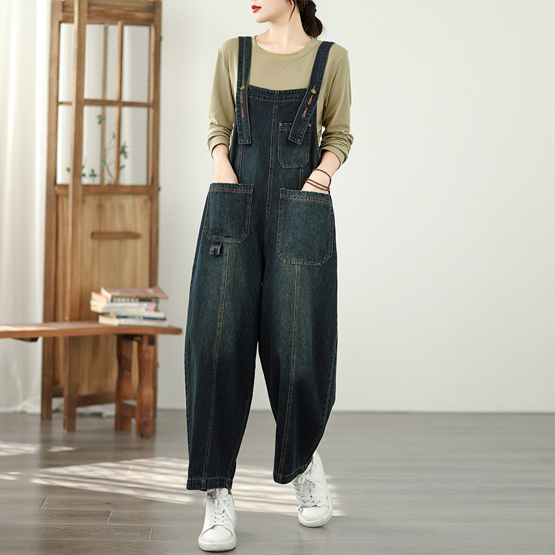 Džinsiniai kombinezonai su didelėmis kišenėmis, laisvas kirpimas, audinys 90–95% medvilnės, ruduo 2025, japonų/korėjiečių poilsio stiliaus
