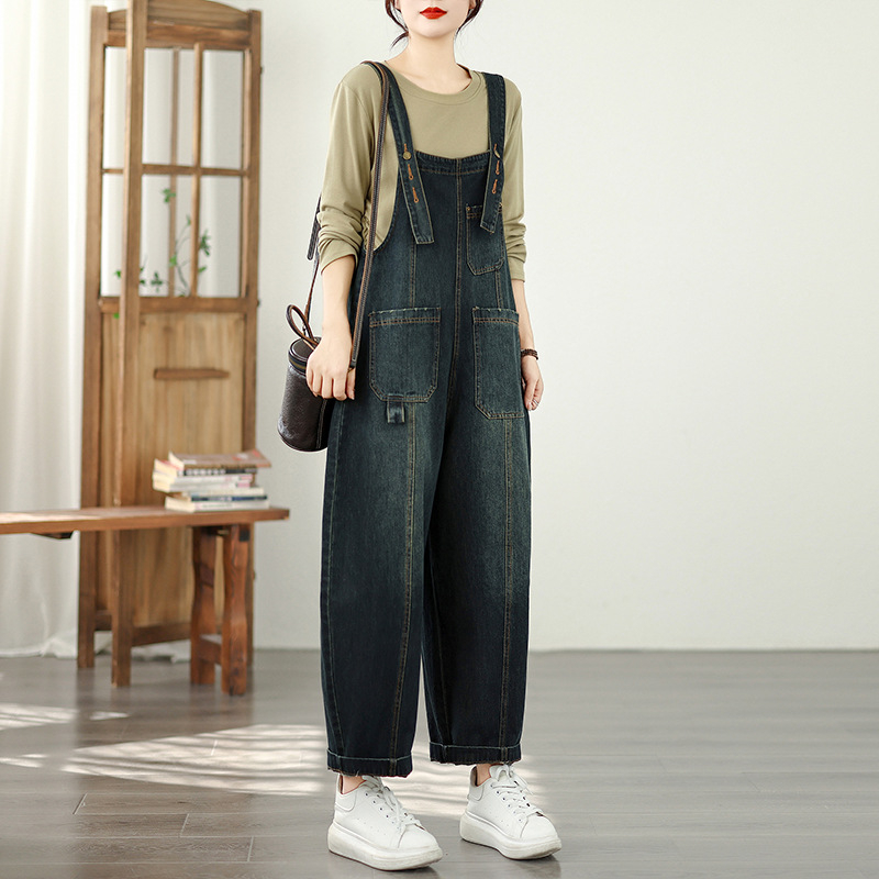 Džinsiniai kombinezonai su didelėmis kišenėmis, laisvas kirpimas, audinys 90–95% medvilnės, ruduo 2025, japonų/korėjiečių poilsio stiliaus