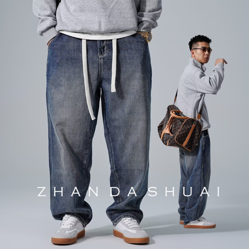 Vyriski tiesaus kirpimo džinsai iš medvilnės su elastanu, vidurio juosmuo, raištis uždarymas, plaunama, ruduo