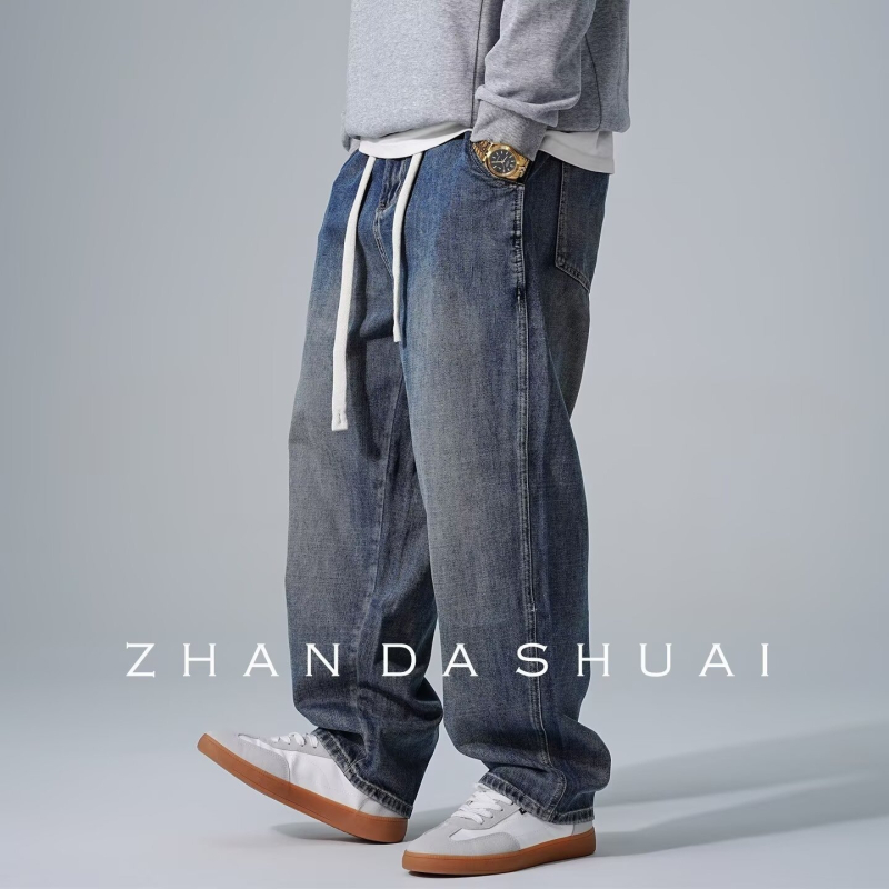 Vyriski tiesaus kirpimo džinsai iš medvilnės su elastanu, vidurio juosmuo, raištis uždarymas, plaunama, ruduo