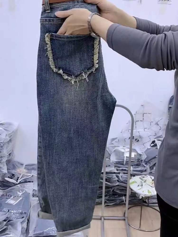 Pamut denim nadrág, magas derék, rövid szabás, egyenes fazon, japán-koreai lazább stílus