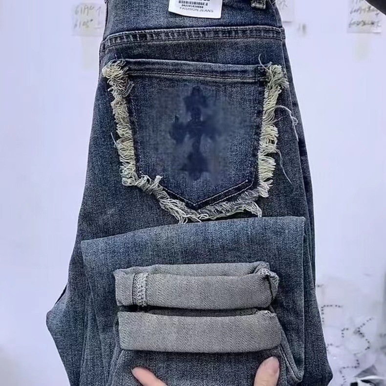 Pamut denim nadrág, magas derék, rövid szabás, egyenes fazon, japán-koreai lazább stílus