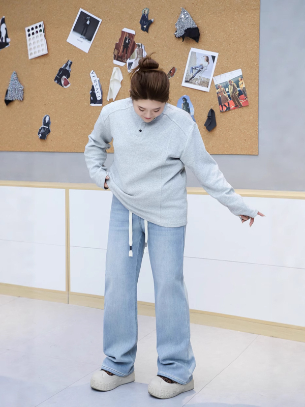 Tiesūs kirpimo džinsai su raišteliu juosmenyje, fleece vidinis pamušas, šilta ir liekna, medvilnės-elastano mišinys