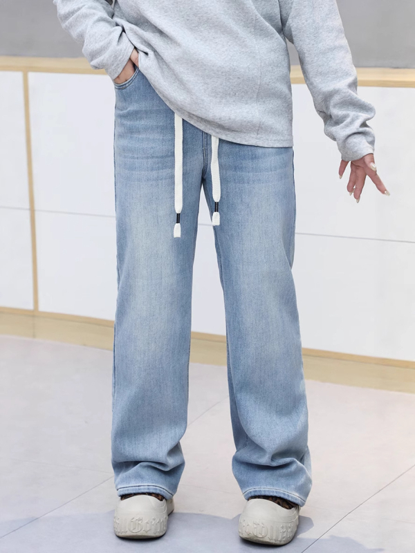 Tiesūs kirpimo džinsai su raišteliu juosmenyje, fleece vidinis pamušas, šilta ir liekna, medvilnės-elastano mišinys