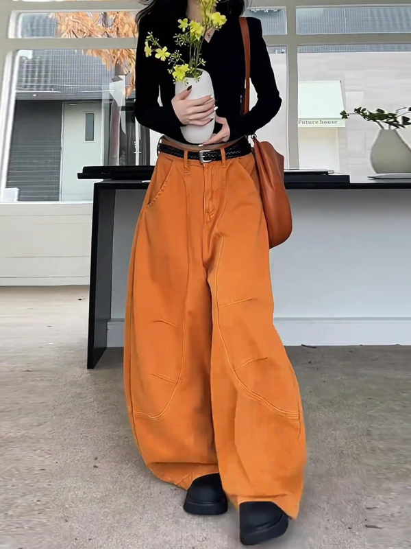 Ženske hlače džinsi, opuštenog kroja, srednja visina, dužina do poda, pamuk-poliester mješavina, uobičajena gustoća, japansko-korejski opušten stil, zima 2025