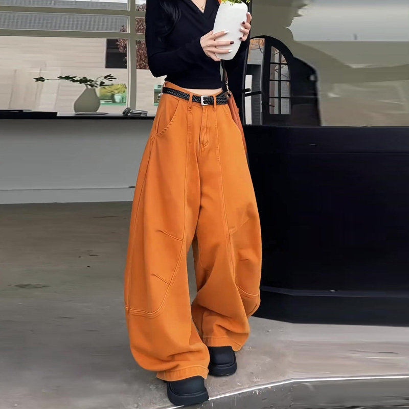 Ženske hlače džinsi, opuštenog kroja, srednja visina, dužina do poda, pamuk-poliester mješavina, uobičajena gustoća, japansko-korejski opušten stil, zima 2025