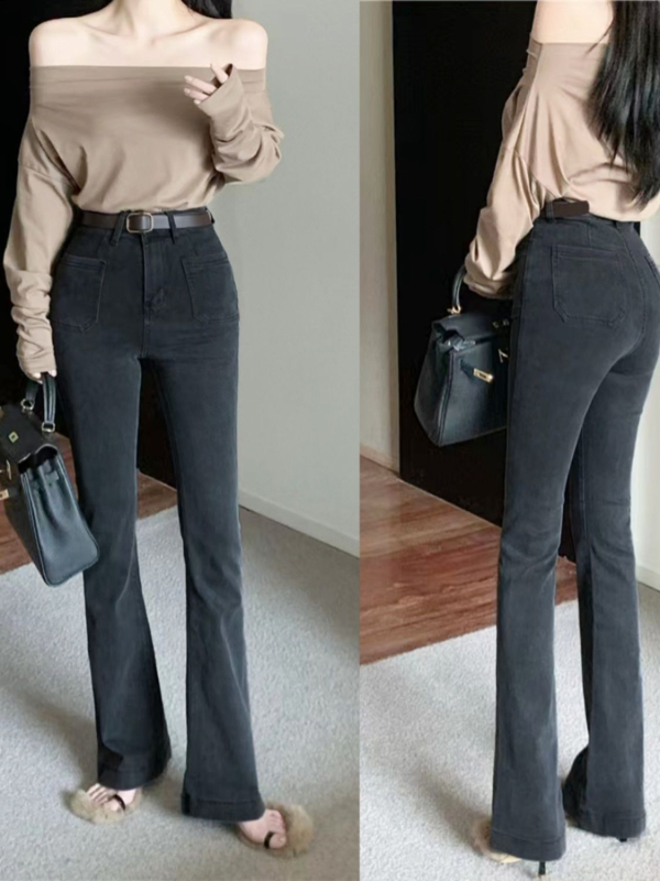 Visoki struk, bootcut traperice od denima, duljina do poda, debeli materijal, jesen 2024 izdanje