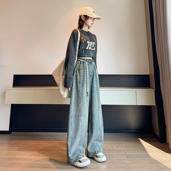 Moteriški plačios džinsinės kelnės su aukštu liemeniu, tiesus kirpimas, kasdienis stilius, poliesteris 30–50%, ruduo 2025