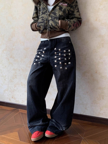 Ženske traperice s širokim krojem, američki stil, isprani denim s kvadratnim rivetima – punk, visok porast, dugačke do poda, jesen-zima