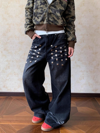 Ženske traperice s širokim krojem, američki stil, isprani denim s kvadratnim rivetima – punk, visok porast, dugačke do poda, jesen-zima
