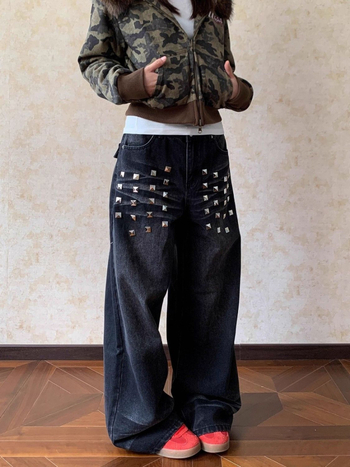Ženske traperice s širokim krojem, američki stil, isprani denim s kvadratnim rivetima – punk, visok porast, dugačke do poda, jesen-zima