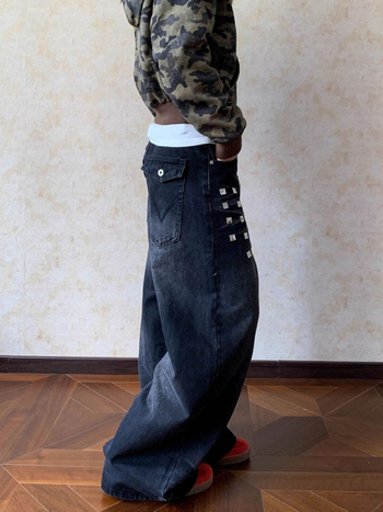 Ženske traperice s širokim krojem, američki stil, isprani denim s kvadratnim rivetima – punk, visok porast, dugačke do poda, jesen-zima