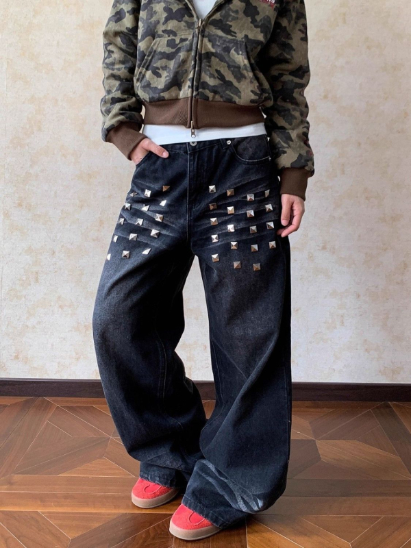 Ženske traperice s širokim krojem, američki stil, isprani denim s kvadratnim rivetima – punk, visok porast, dugačke do poda, jesen-zima