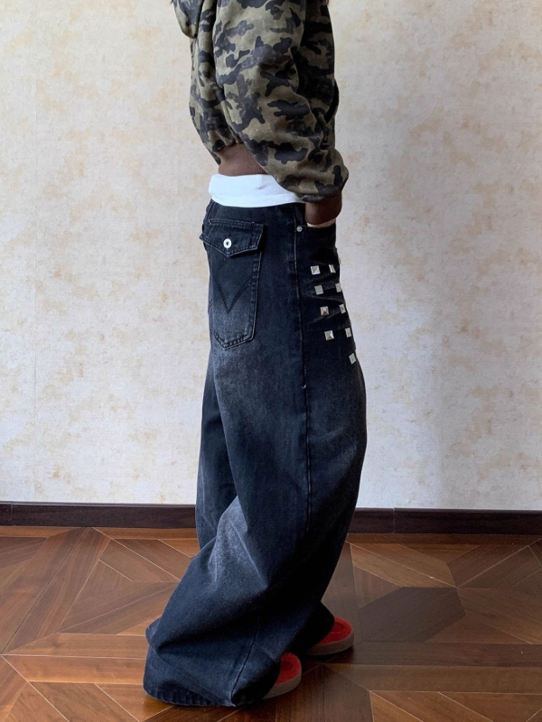 Ženske traperice s širokim krojem, američki stil, isprani denim s kvadratnim rivetima – punk, visok porast, dugačke do poda, jesen-zima