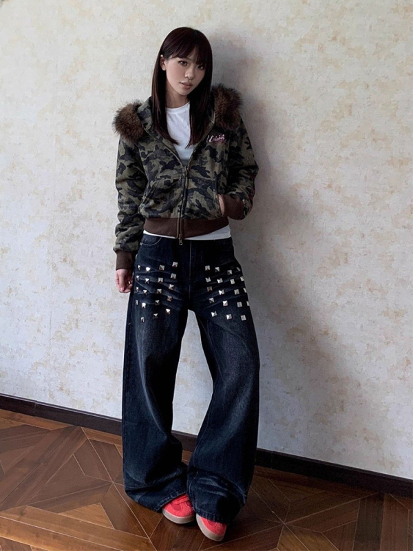 Ženske traperice s širokim krojem, američki stil, isprani denim s kvadratnim rivetima – punk, visok porast, dugačke do poda, jesen-zima