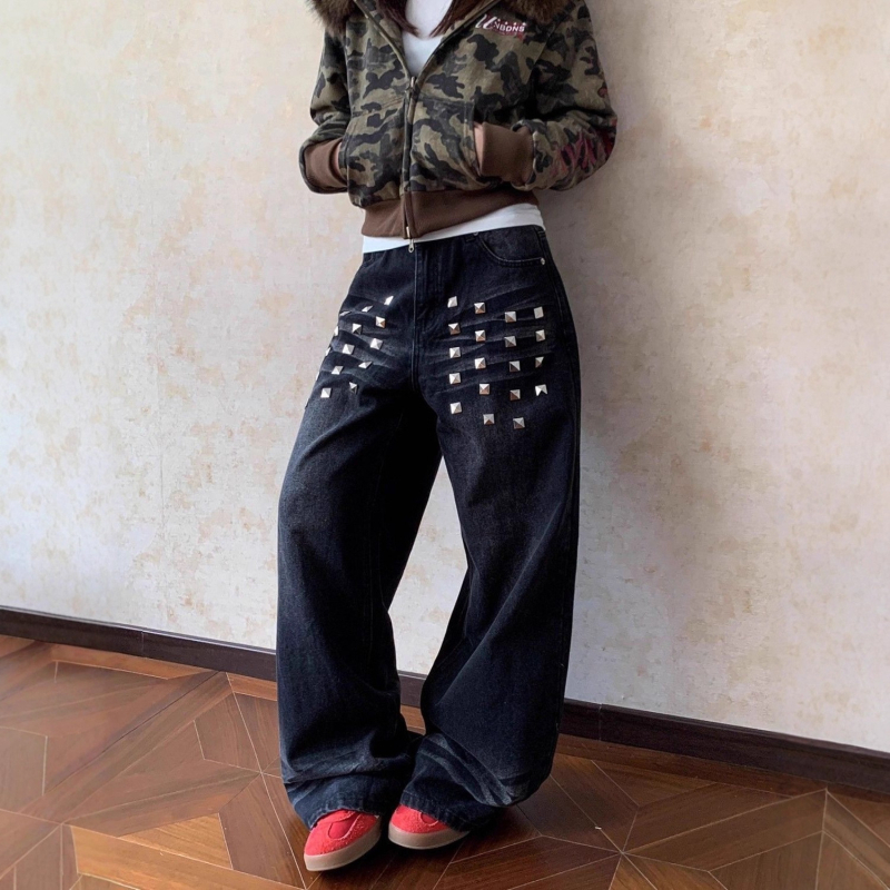 Ženske traperice s širokim krojem, američki stil, isprani denim s kvadratnim rivetima – punk, visok porast, dugačke do poda, jesen-zima