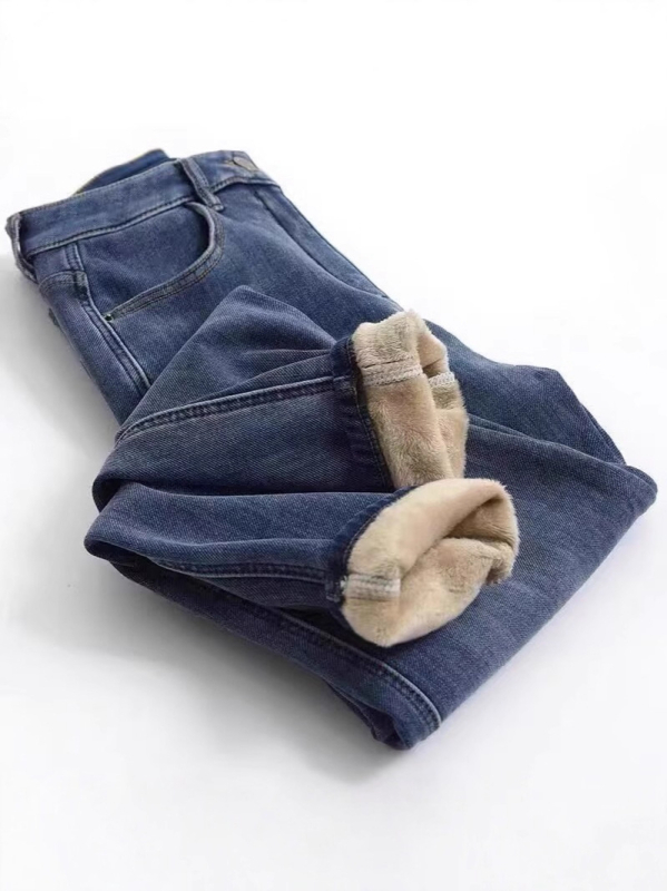 Ženske hlače od džinsa s fleece podstavom, u velikim veličinama, elastično, široki kroj, visok pas, ravni kroj, do gležnja