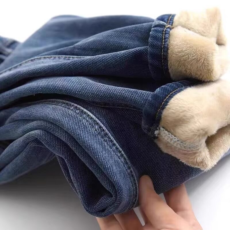 Ženske hlače od džinsa s fleece podstavom, u velikim veličinama, elastično, široki kroj, visok pas, ravni kroj, do gležnja