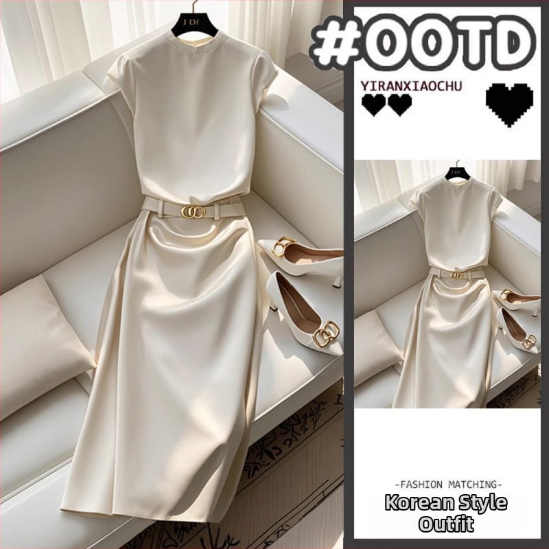 Летен комплект облекло: топ с кръгло деколте и прилепнала пола, дълга пола, полиестерна материя, градски стил за служебни дни, костюм с пола