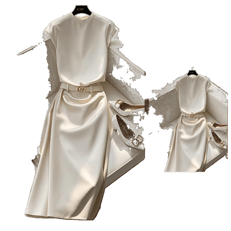 Летен комплект облекло: топ с кръгло деколте и прилепнала пола, дълга пола, полиестерна материя, градски стил за служебни дни, костюм с пола