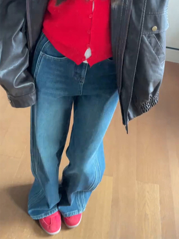 Blugi cu croială dreaptă, talie înaltă, căptușiți cu fleece (Denim; Cotton; Straight cut; High waist; Fleece-lined)