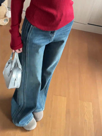 Blugi cu croială dreaptă, talie înaltă, căptușiți cu fleece (Denim; Cotton; Straight cut; High waist; Fleece-lined)