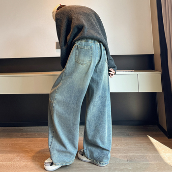 Moteriški džinsiniai plačios kelnės su elastine juosta ir raišteliais, aukštas liemuo, 30–50% poliesterio