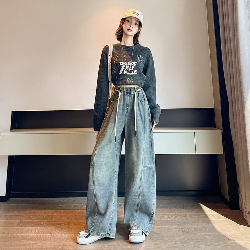 Moteriški džinsiniai plačios kelnės su elastine juosta ir raišteliais, aukštas liemuo, 30–50% poliesterio