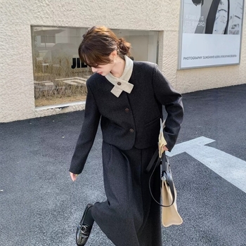 Двучастков дамски костюм с пола от вълна за офис, стил Chanel, градски стил, дълга пола, дълги ръкави, полиестер 95%