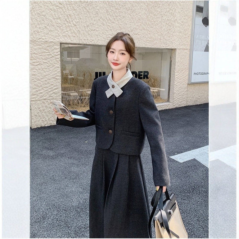 Двучастков дамски костюм с пола от вълна за офис, стил Chanel, градски стил, дълга пола, дълги ръкави, полиестер 95%