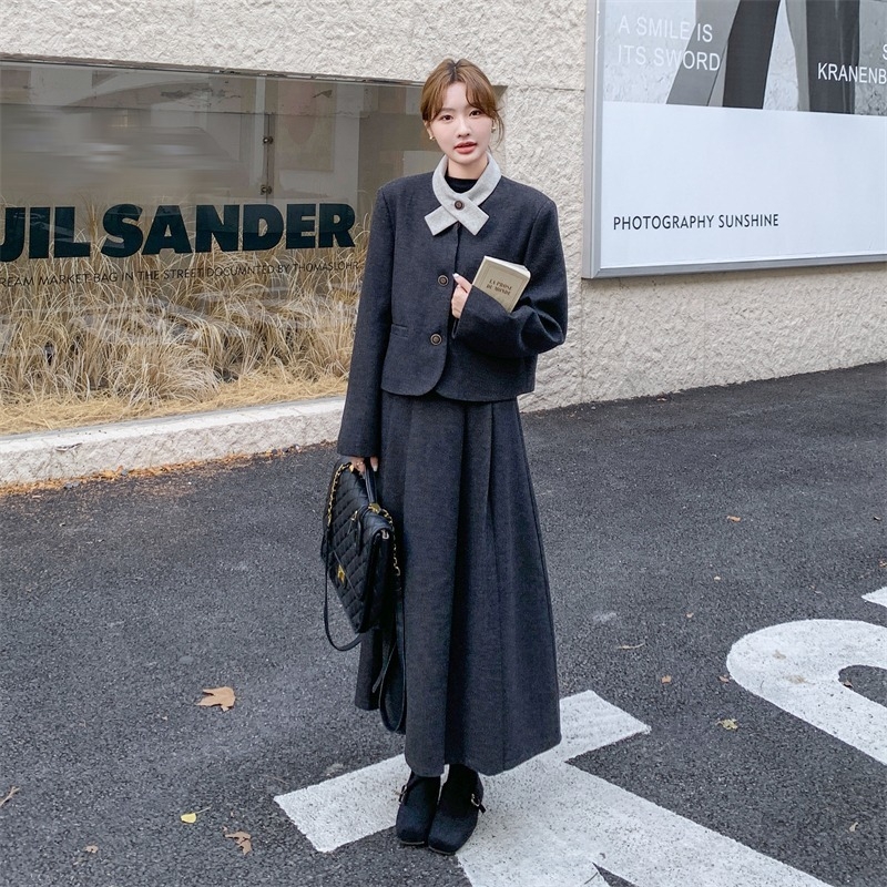 Двучастков дамски костюм с пола от вълна за офис, стил Chanel, градски стил, дълга пола, дълги ръкави, полиестер 95%