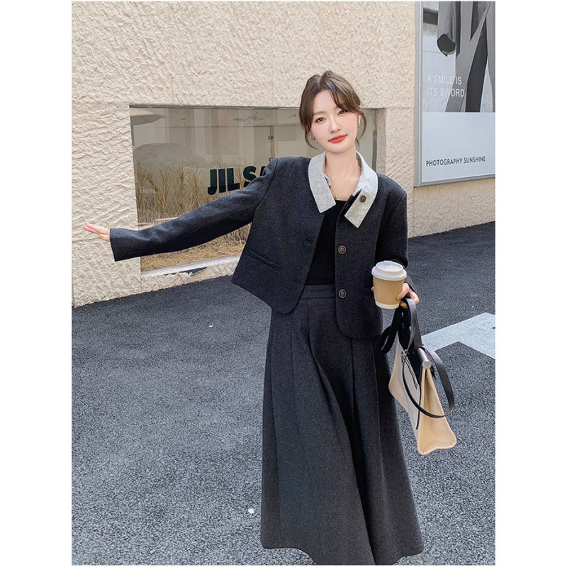 Двучастков дамски костюм с пола от вълна за офис, стил Chanel, градски стил, дълга пола, дълги ръкави, полиестер 95%