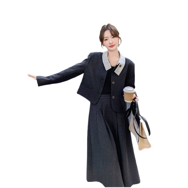 Двучастков дамски костюм с пола от вълна за офис, стил Chanel, градски стил, дълга пола, дълги ръкави, полиестер 95%