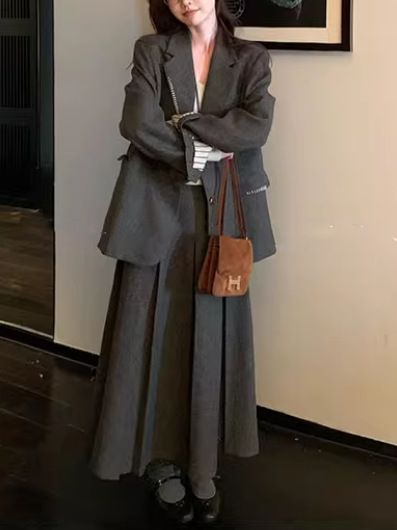 Женски костюм с пола от памук и овча вълна, едноцветен модел, дълга пола, елегантен офис стил