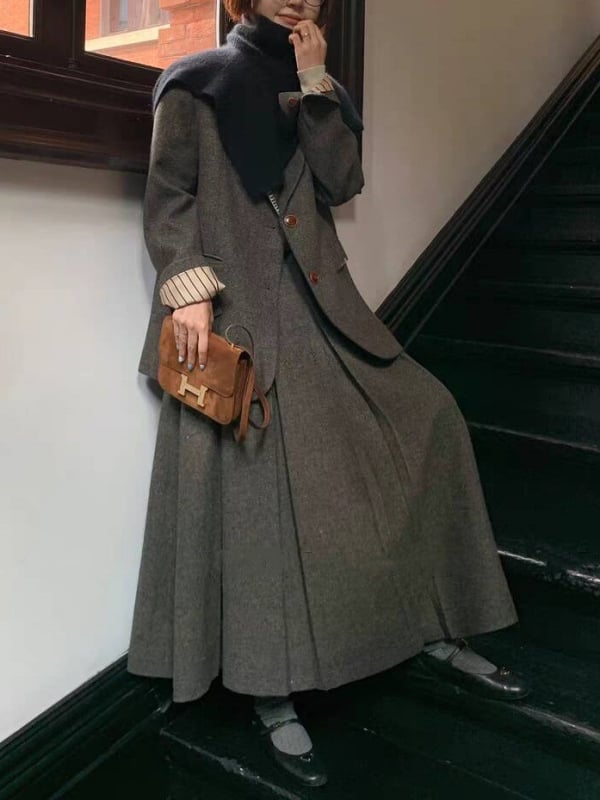 Женски костюм с пола от памук и овча вълна, едноцветен модел, дълга пола, елегантен офис стил