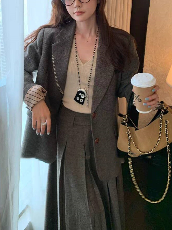 Женски костюм с пола от памук и овча вълна, едноцветен модел, дълга пола, елегантен офис стил