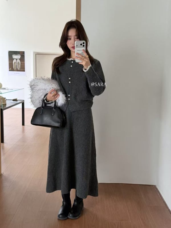 Kostim s suknjom i čipkastim puloverom, dugo suknja, reciklirani poliester, Zima 2025