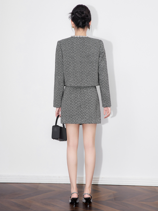 Костюм с пола от вълнен бленд, 3D рязане, къса пола, дълги ръкави, есен 2025