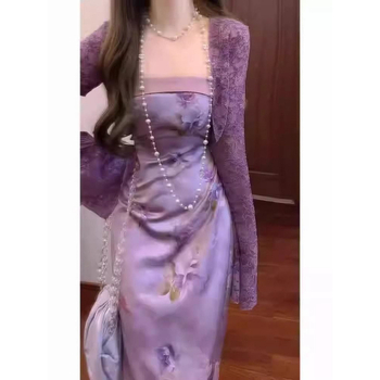 Двоен комплект за лято: дълъг ръкав кардиган и рокля вдъхновена от китайски стил, лято 2025, урбан стил костюм с пола