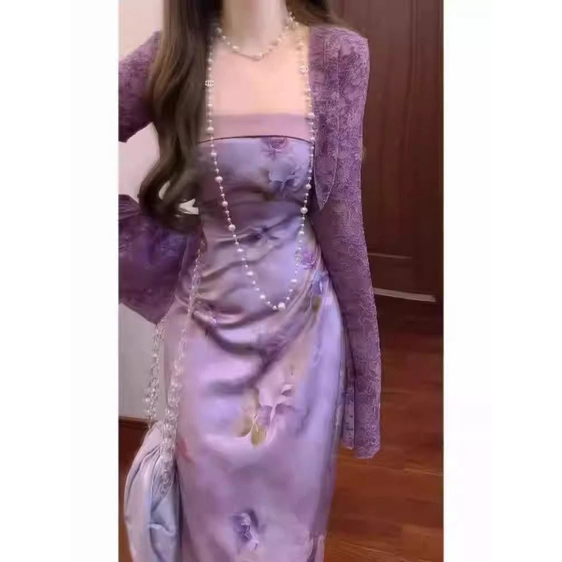 Двоен комплект за лято: дълъг ръкав кардиган и рокля вдъхновена от китайски стил, лято 2025, урбан стил костюм с пола